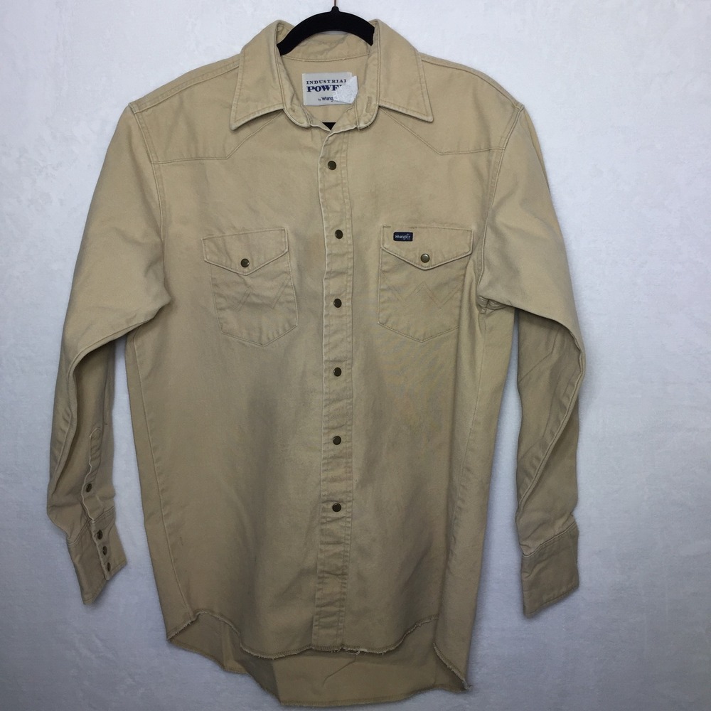 Wrangler Western Shirt Tan Beige Snap Cowboy Brushpopper Thick Heavy‎ Warm *See